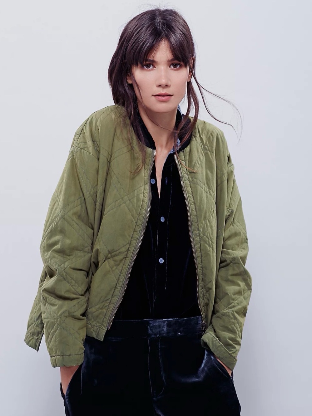Free People Green Quilted Aviator Bomber Jacket liner   M